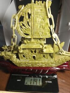 Hand Carved Chinese Haitian Hotan Jade Dragon Boat Statue On Wooden Base