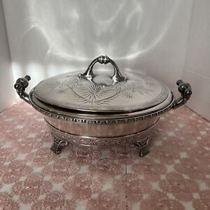 Antique Silver Plated Signed 25 Victorian Soup Tureen Mead Robbins Triple Plate