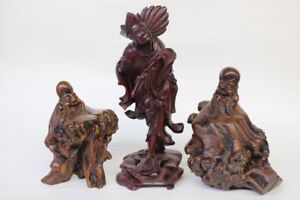Three Chinese Wood And Root Carved Figural