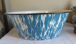 Antique Graniteware Enamelware Blue Swirl 14 Round Wash Basin Tub