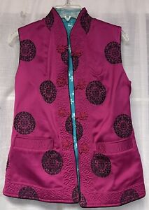 Rare Vintage Asian Hand Embroidered Quilted Silk Collared Vest Xs Small