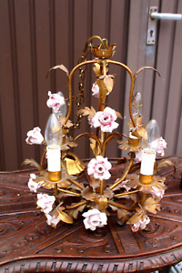 Vintage 1970 Italian Metal Gold Gilt Pink Porcelain Roses Chandelier Lamp