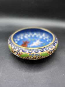 Antique Chinese 6 5 Cloisonne Bowl Blue W Floral Fish Design Low Profile