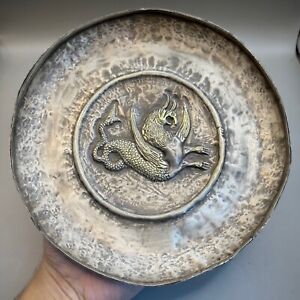 Old Ancient Central Asian Silver Platter With Mythical Animal Figure E