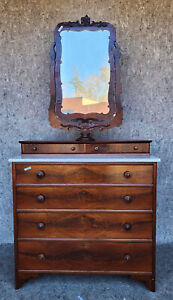 Mahogany Marble Top 6 Drawer Dresser With Kidney Mirror