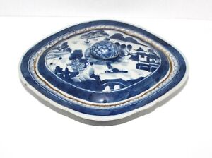 Antique Blue And White Canton Export China Covered Vegetable Dish Bad Lid