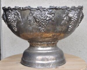 Extra Large 16 Silverplate Footed Punch Bowl With Grapevine Clusters In Relief