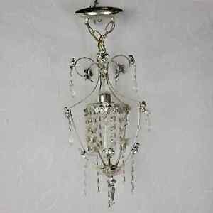 Vintage Crystal Beaded Metal Chandelier Fleur De Lis Ceiling Fixture Pendant