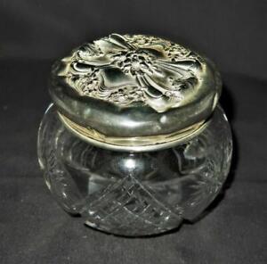 Antique Sterling Silver Top Cut Glass Cold Cream Vanity Powder Puff Jar 3 1 2 