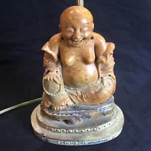 Antique Carved Happy Smiling Buddha Soapstone Lamp Figure Statue Japan China
