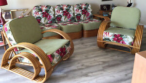 Vintage Mcm 1950s 6 Strand Bamboo Rattan Paul Frankl Pretzel Sofa 2 Chairs