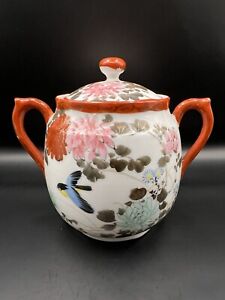 Antique Japanese Kutani Sugar Bowl Lidded Handled Porcelain Bird Meiji Period