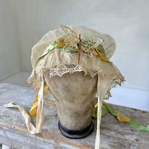 1900 Edwardian French Bonnet Hat Silk Ribbons With Butterfly Butterflies Design
