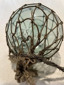 Vintage Green Blown Glass Fishing Float Ball Buoy With Netting 5in