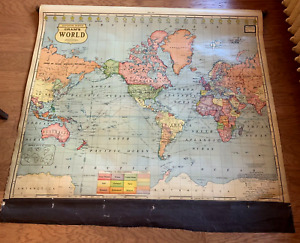 Vintage 1937 Original Large Suprerior Series Cram World Pull Down Map 17a 