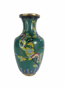 Vintage Cloisonn Vase 9 X 5 Green Floral Brass Chinoiserie Butterfly Inlay