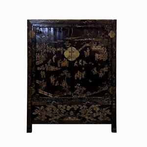 Vintage Asian Black Lacquer Golden Carving Side Table Credenza Cabinet Cs7586