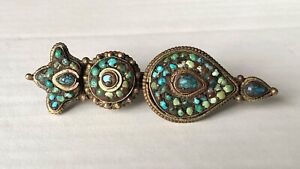 Antique Tibetan Akor Turquoise Brass Handmade Jewelry Pin Early 20th Century