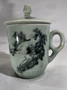 Antique Chinese Longquan Celadon Stork Covered Mug Cup With Lid