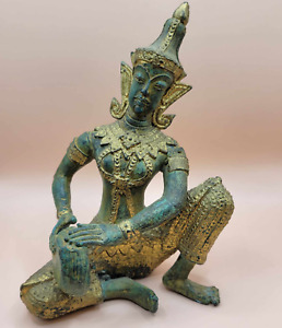 Antique Thai Hindu Metal Bronze Buddha Statue Sitting Playing Drums 6 Tall