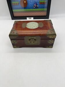 Vintage Oriental Jade Inlay Casket Red Silk Jewelry Brass Bound Wooden Box