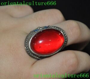 Ancient Dynasty Tibetan Silver Ruby Red Stone Exorcism Talisman Ring Statue