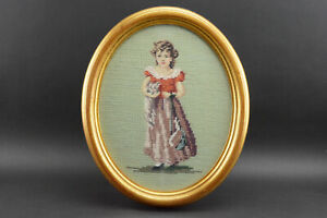 Antique Framed Woolwork Picture Of A Girl With Cat English Circa 1900 E