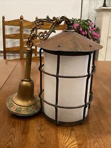 Vtg Antique Arts Crafts Metal Hanging Lamp Lantern Fixture Cage Copper Patina