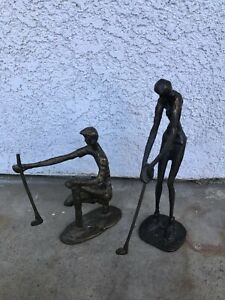 Two Brutalist Abstract Metal Art Sculpture Mid Century Modern Style Golfers