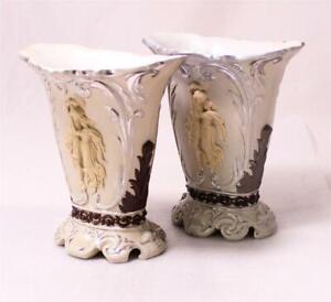 Pair Antique Early Mettlach V B Vases Beakers W Platinum Accents C 1850s