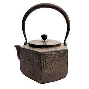 Japanese Cast Iron Teapot Copper Signed Hexagonal Antique Tetsubin Ct407