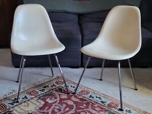 Eames Herman Miller Side Shell Chairs White Ash Plywood H Bases Pair