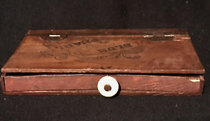 Antique Primitive Tramp Art Cigar Box Hinged Lid Wood Box With Ceramic Knob Aafa