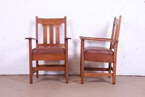 Stickley Brothers Mission Oak Arts Crafts Arm Chairs Pair