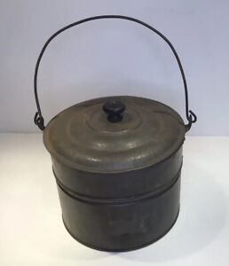 Antique Tin Lunch Pail Berry Bucket With Lid And Swing Handle