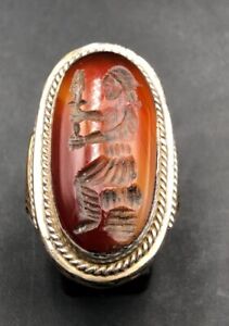 Old Ancient Indo Greek Bactrian Carnelian Signet Silver Ring Intaglio