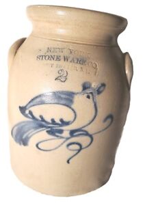 Antique 2 Gal Stoneware Crock W Cobalt Blue Bird Fort Edward Ny Albany Pottery