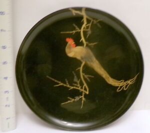Japan Lacquer Art Wood Plate Plaque Rooster Bird Hand Painted Signed