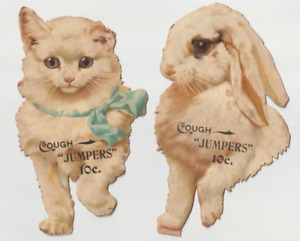 2 Antique Late 1800s Patent Medicine Cough Jumpers Store Display Cat Bunny