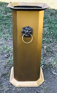 Antique Enameled Brass Umbrella Cane Stand Ornate Lions Head Handles 1900s