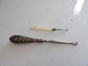 Antique Lot Of 2 Victorian Glove Hook Mother Of Pearl Indian Silver Repousse