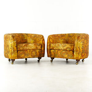 Selig Mid Century Imperial Barrel Lounge Chairs With Casters Pair