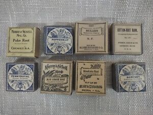 8pcs Antique Apothecary Pharmacy Medicine Herb Boxes Original Contents Ca 1900