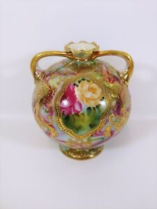 Antique Hand Painted Porcelain 2 Handle Floral Gold Moriage Water Jug Urn Vase