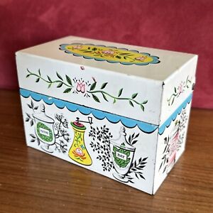 Vintage J Chein Metal Recipe Card Tin Box Floral Spices Herbs Lithograph Design