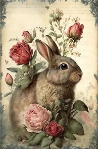Vintage Brown Rabbit With Roses Metal Tin Sign