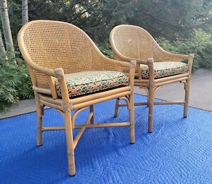 Pair Mcguire San Francisco Rattan Cane Arm Dining Chairs