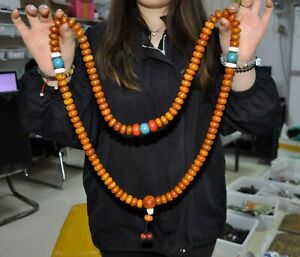 21 Chinese Old Tibetan Amber Turquoise Prayer Beads Exorcism Amulet Necklace