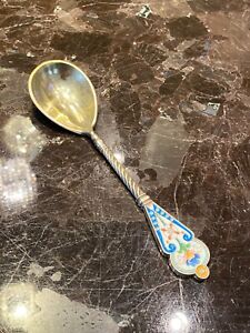 Russian Silver 88 Cloisonne Enamel Gold Washed Serving Spoon