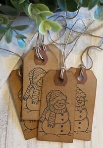 25 Small Black Snowman Primitive Coffee Stained Price Hang Tags Gift Christmas